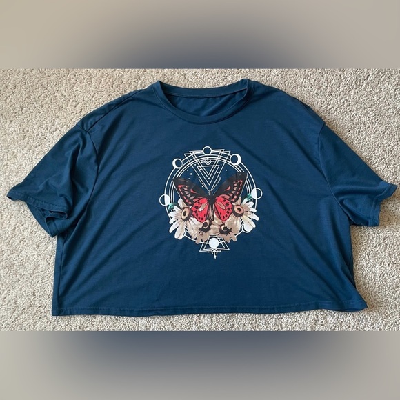 Blue Graphic Crop Top with Butterfly Design - Picture 1 of 3